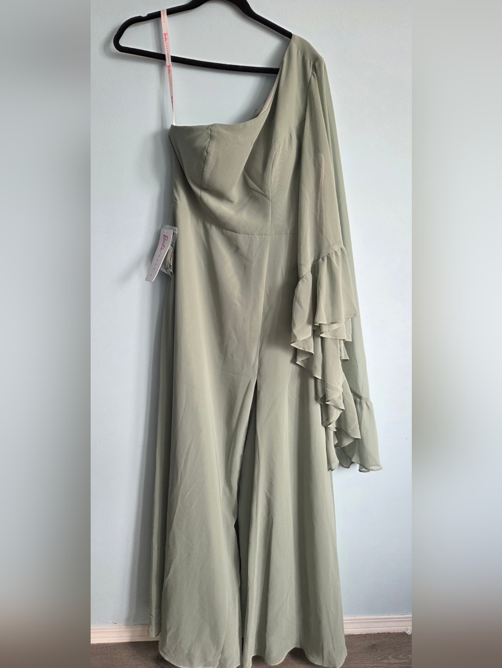 NWT Azazie Barbie One-Shoulder Ruffle Gown in Matcha